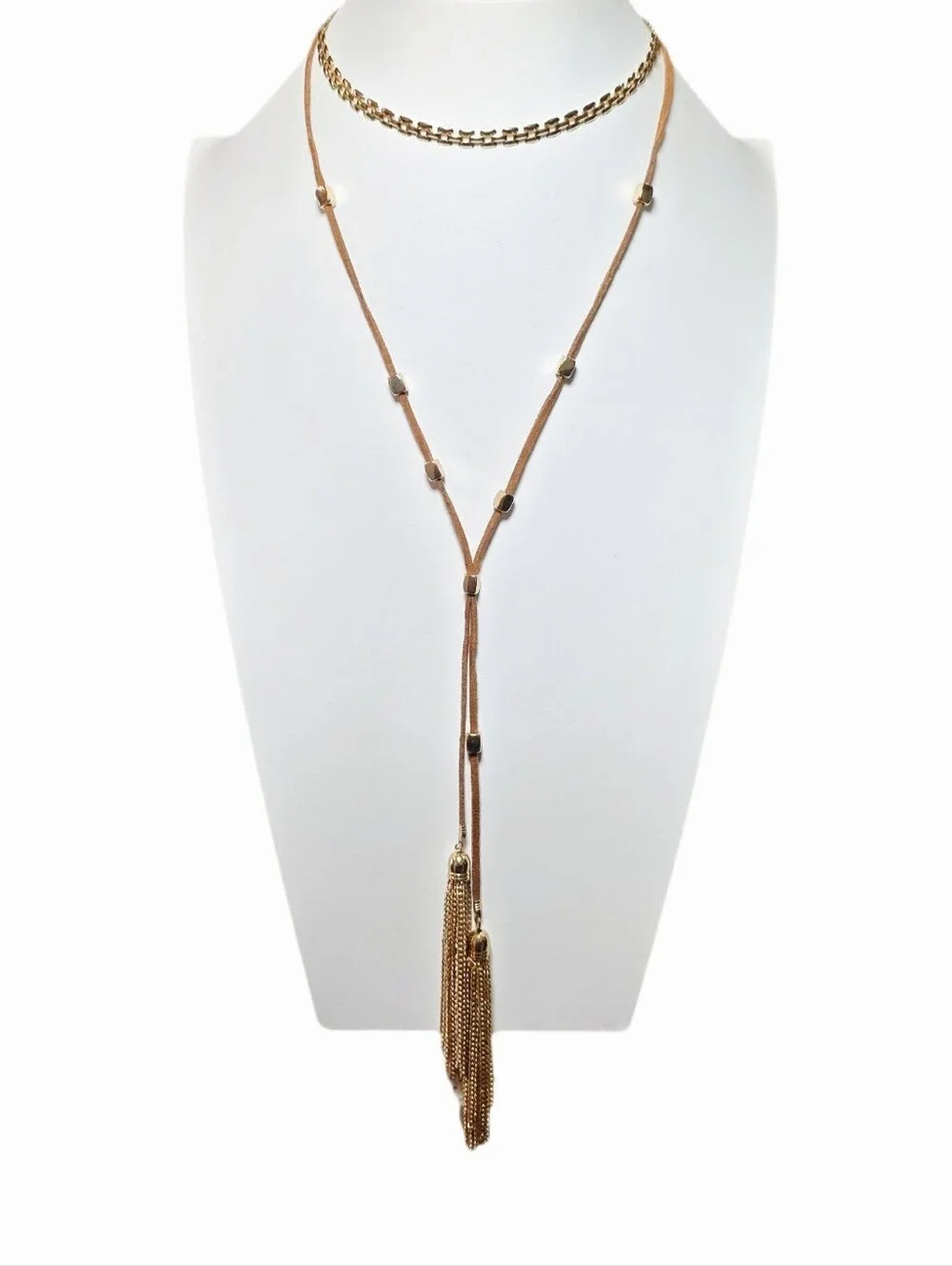 Layered Brown Suede and Gold Tassel Choker Lariat Necklace